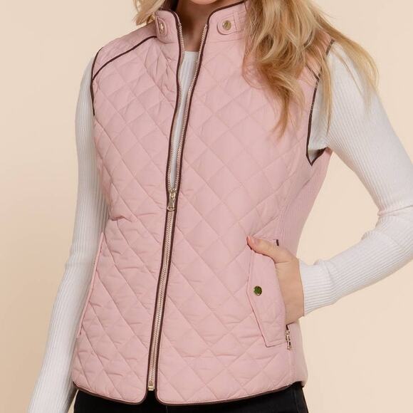 Suede Piping Detail Knit Rib Sides Quilted Padding Vest Blush Pink - Picture 2 of 7
